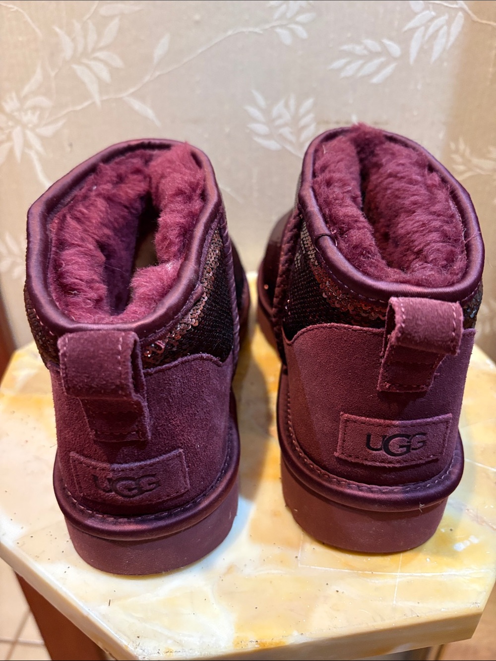 UGG Burgundy Shearling Sequin Ankle Boots - Picture 3 of 7